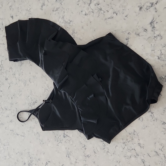 Black One-Shoulder Ruffle Swimsuit - Picture 2 of 14